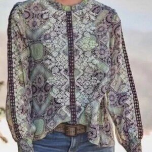 Sundance Victorian Charms Cupro Sheer Embroidered Blouse XS Boho Romantic‎